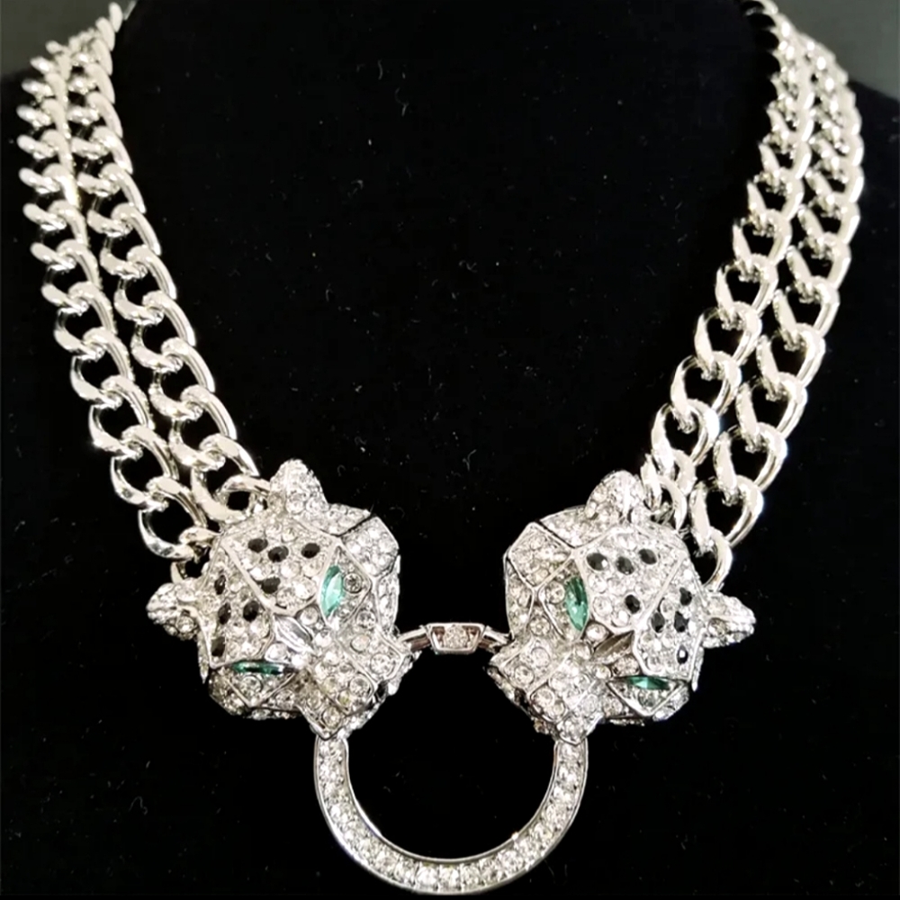 Silver Leopard Cheetah  Double Headed Exaggerated Statement Rhinestone Choker